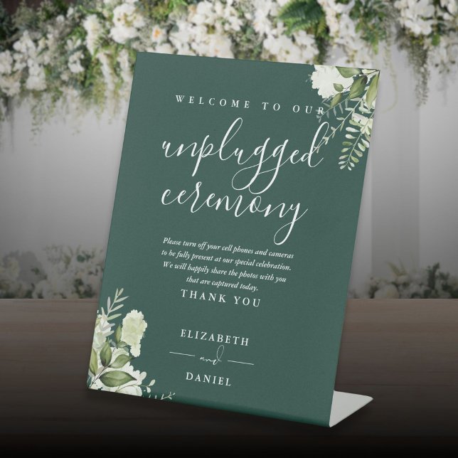 Emerald Greenery Floral Unplugged Ceremony Pedestal Sign (Emerald Greenery Floral Unplugged Ceremony Pedestal Sign)