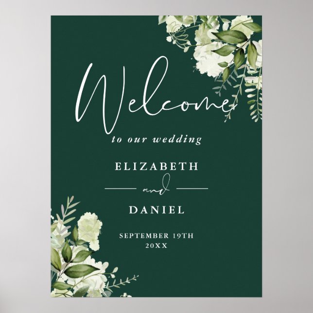 Emerald Greenery Floral Wedding Welcome Sign (Front)