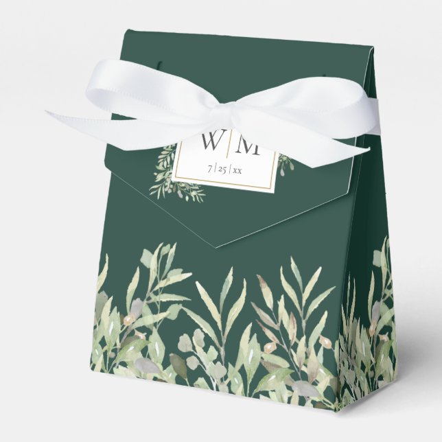Emerald Greenery Foliage Monogram Wedding Favor Box (Front Side)
