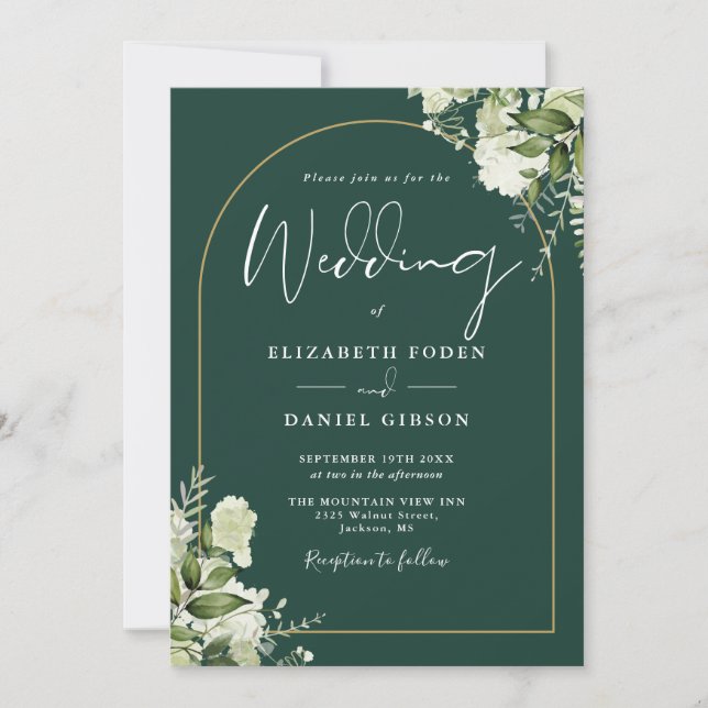 Emerald Greenery Gold Arch QR Code Wedding Invitation (Front)