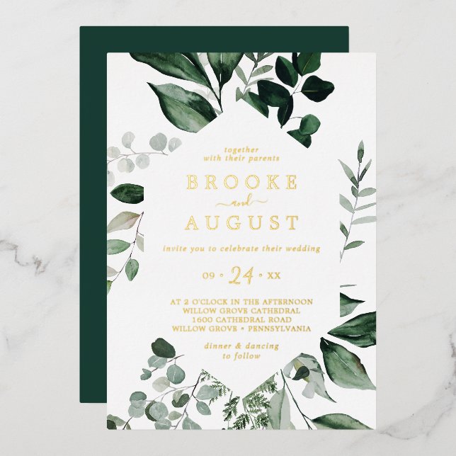 Emerald Greenery | Gold Foil All In One Wedding (Front/Back)