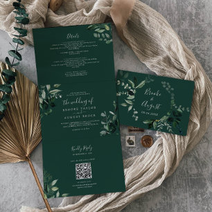 Emerald Greenery   Green Photo QR Code Wedding Tri-Fold Invitation