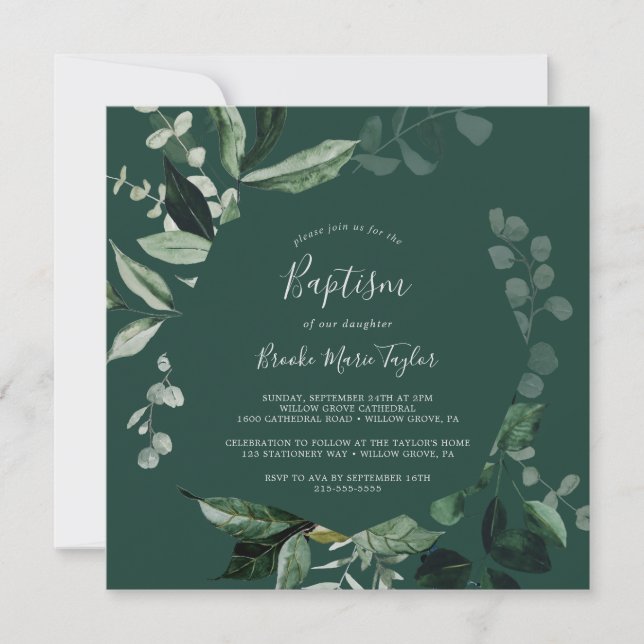 Emerald Greenery | Green Square Baptism Invitation (Front)