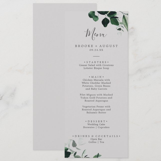 Emerald Greenery | Grey Wedding Dinner Menu (Front/Back)