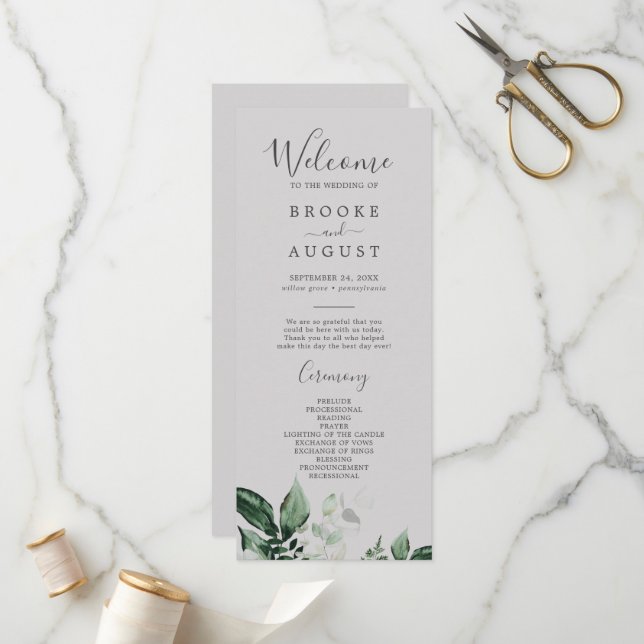 Emerald Greenery | Grey Wedding Program (Front/Back In Situ)