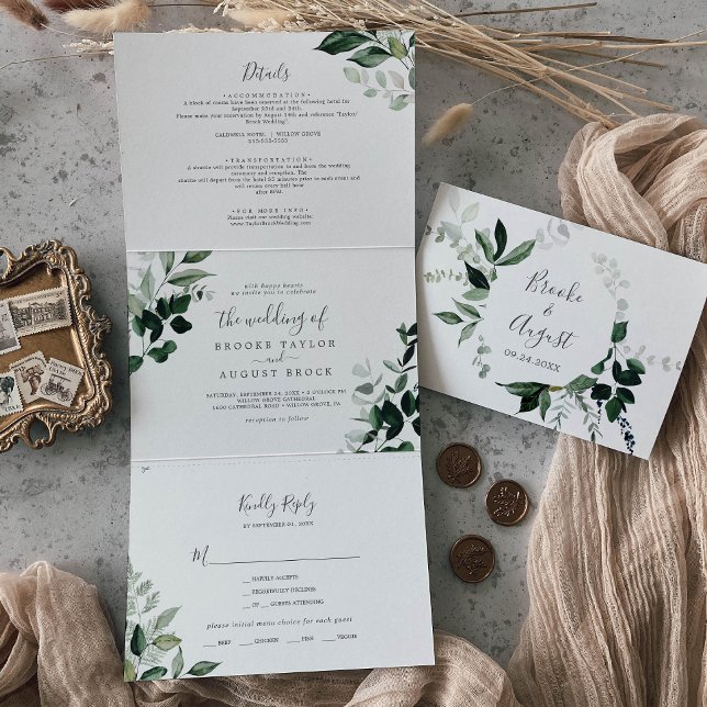 Emerald Greenery | Leaf Back Wedding All In One Tri-Fold Invitation (Creator Uploaded)