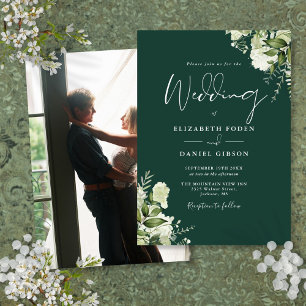 Emerald Greenery Leaves Elegant Photo Wedding Invitation