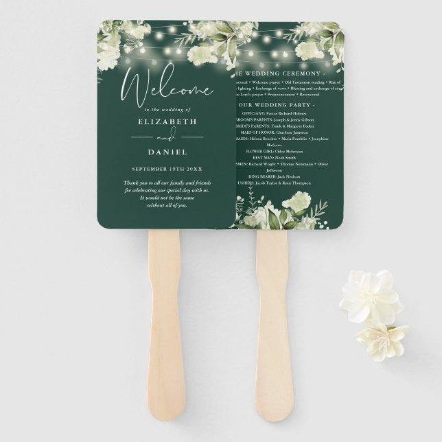 Emerald Greenery Lights Wedding Program Heart Hand Fan (Front and Back)