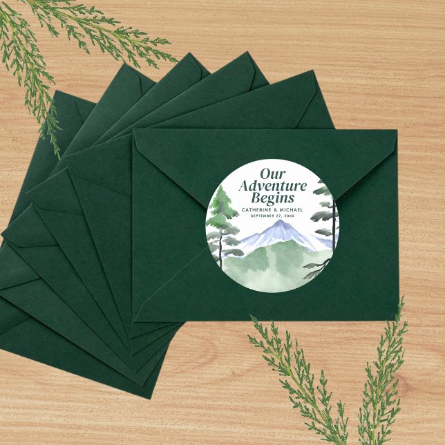 Emerald Greenery Mountain Pine Rustic Wedding  Classic Round Sticker (Creator Uploaded)