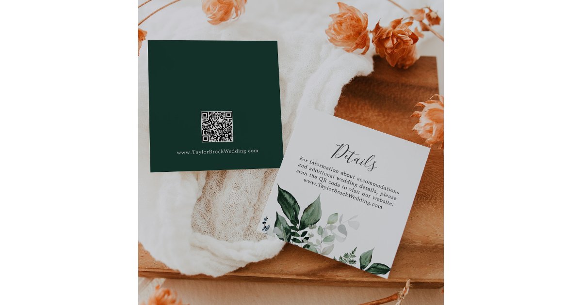 Emerald Greenery QR Code Wedding Details Enclosure Card | Zazzle
