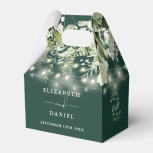 Emerald Greenery String Lights Monogram Wedding Favor Box