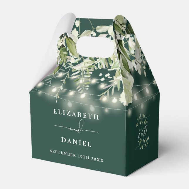 Emerald Greenery String Lights Monogram Wedding Favor Box (Front Side)