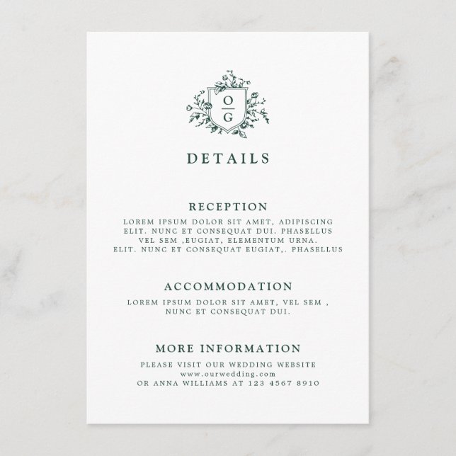 Emerald Greenery Vintage Botanical Wedding Details Enclosure Card (Front)