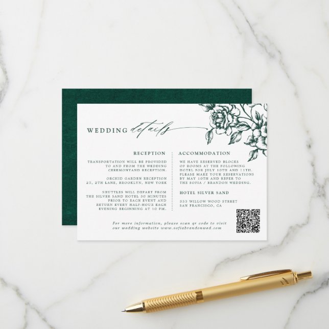 Emerald Greenery Vintage Botanical Wedding Details Enclosure Card (Front/Back In Situ)