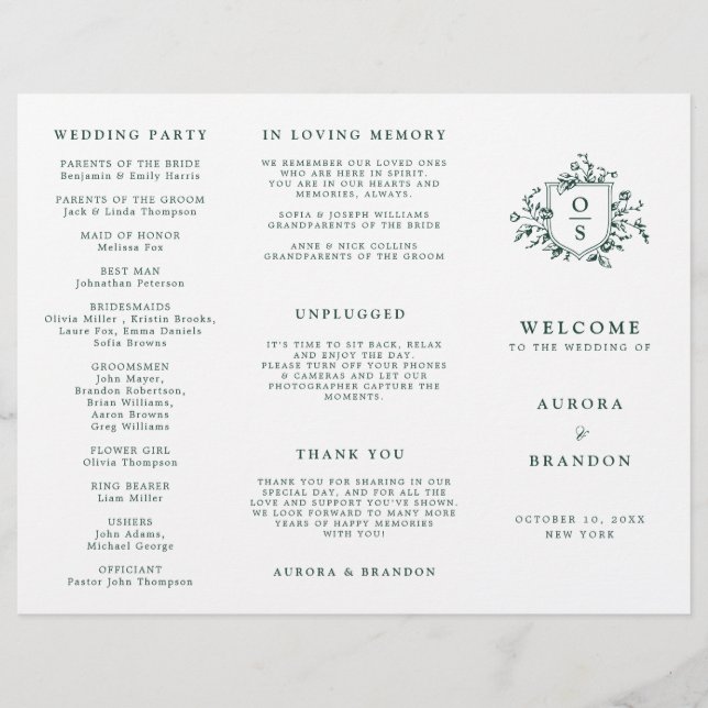 Emerald Greenery Vintage Botanical Wedding Program (Front)