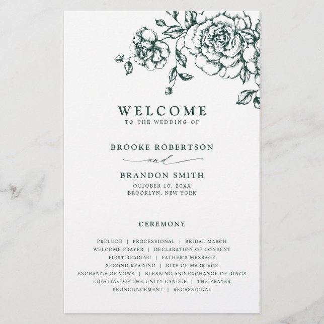 Emerald Greenery Vintage Botanical Wedding Program (Front)