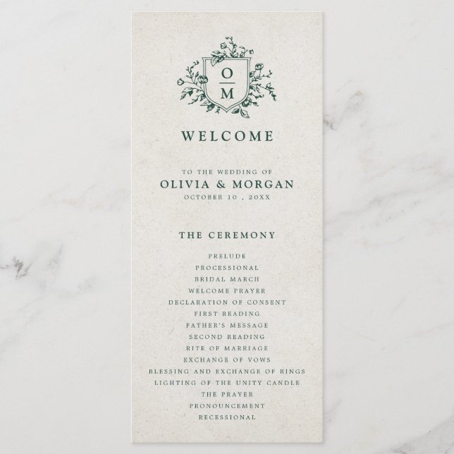 Emerald Greenery Vintage Botanical Wedding Program (Front)