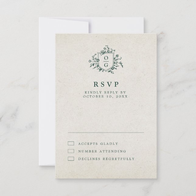 Emerald Greenery Vintage Botanical Wedding RSVP Card (Front)