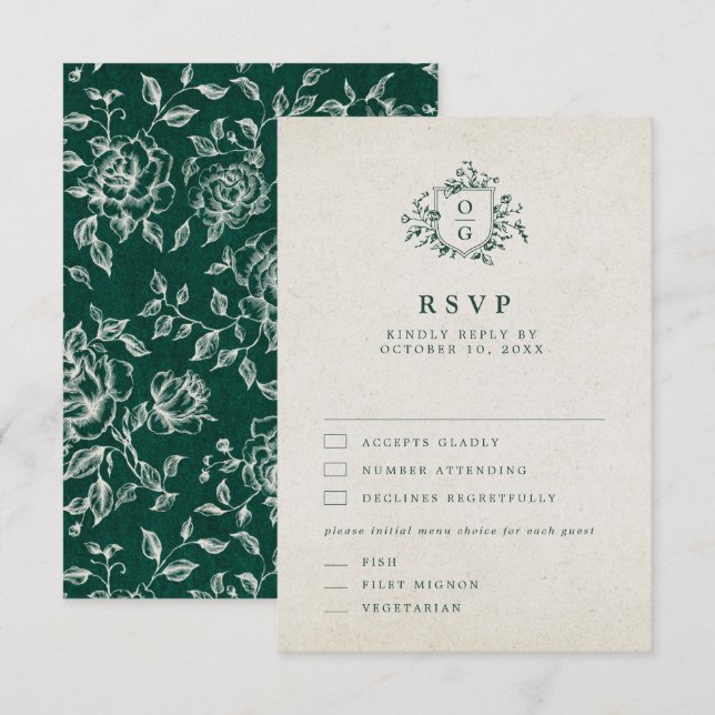 Emerald Greenery Vintage Botanical Wedding RSVP Card (Front/Back)