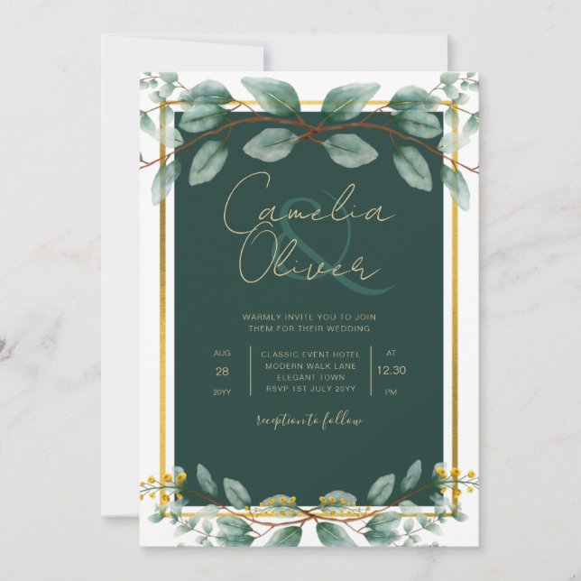 Emerald Greenery Wedding Botanical Nature Invites (Front)