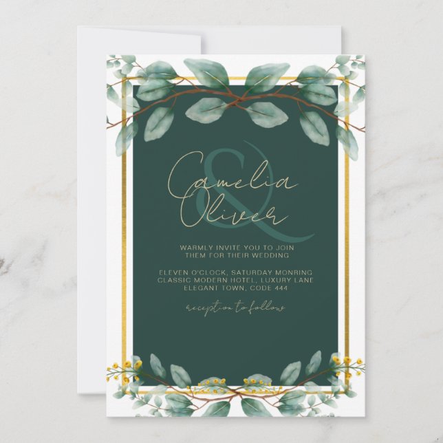 Emerald Greenery Wedding Botanical Nature Invites (Front)