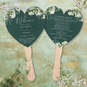 Emerald Greenery Wedding Program Heart Hand Fan