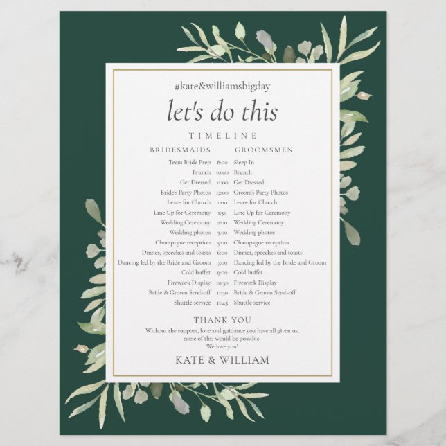 Emerald Greenery Wedding Schedule Timeline (Front)