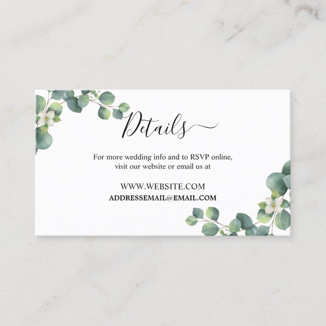 Emerald Greenery Wedding Website Details Card (Front)