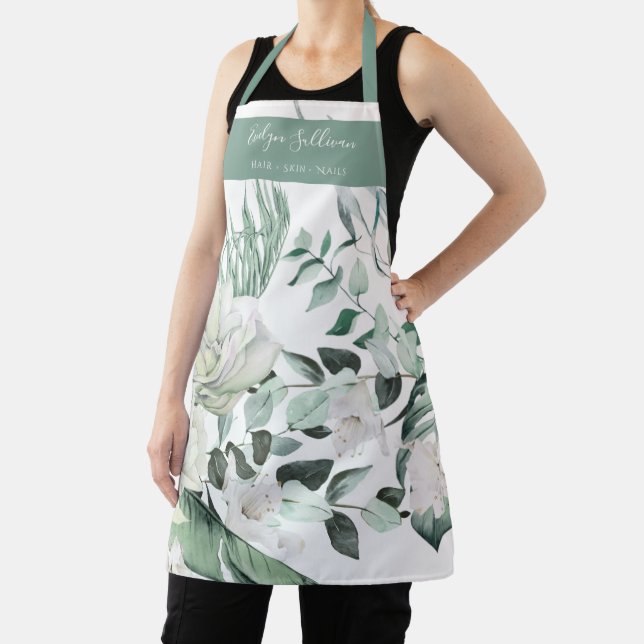 Emerald Greenery White Flowers Beauty Professional Apron (Insitu)