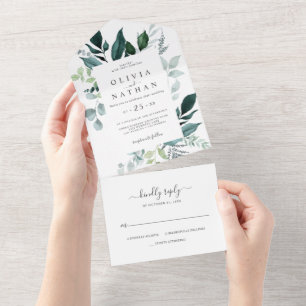 Emerald Greenery Woodland Leaf Wedding All In One Invitation