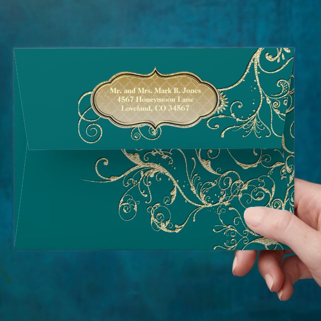 Emerald Heart Leaf Tree Gold Swirl Wedding Envelope (Hand)