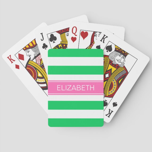 Emerald Horz Preppy Stripe Hot Pink Name Monogram Playing Cards (Back)