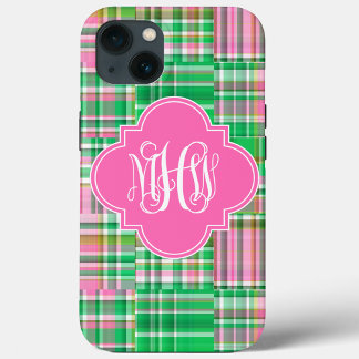 Emerald Hot Pink Madras Vine Script Monogram iPhone 13 Case
