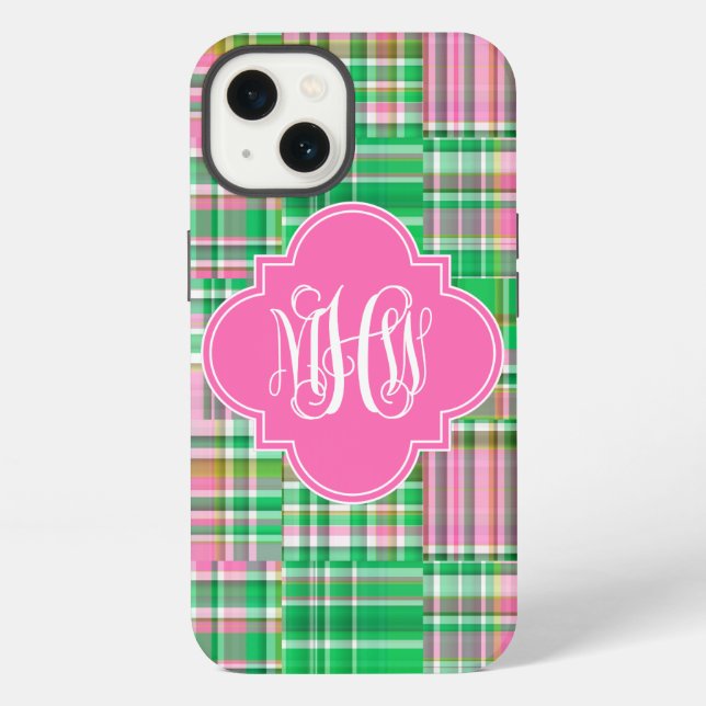 Emerald Hot Pink Madras Vine Script Monogram iPhone Case (Back)