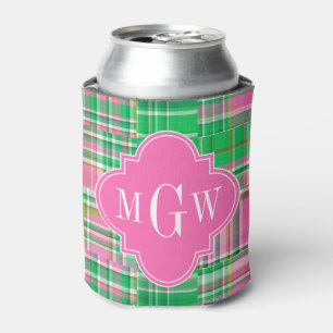 Emerald Hot Pink Preppy Patchwork Madras Monogram Can Cooler