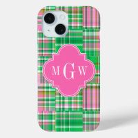 Emerald Hot Pink Preppy Patchwork Madras Monogram