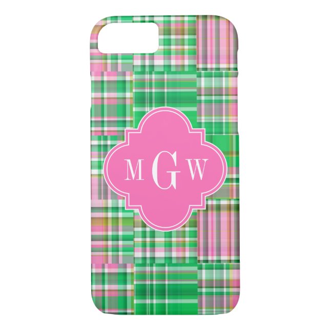 Emerald Hot Pink Preppy Patchwork Madras Monogram Case-Mate iPhone Case (Back)