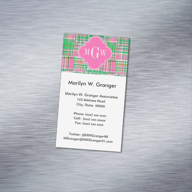 Emerald Hot Pink Preppy Patchwork Madras Monogram Magnetic Business Card (In Situ)