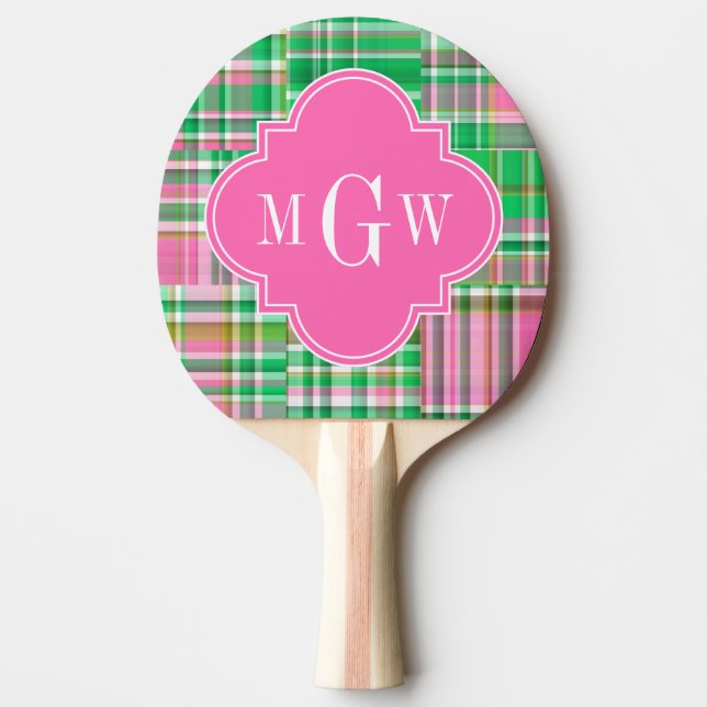 Emerald Hot Pink Preppy Patchwork Madras Monogram Ping Pong Paddle (Front)