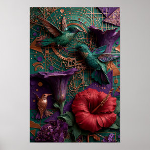 Emerald Hummingbird Paradise Relief - 3D Copper Poster