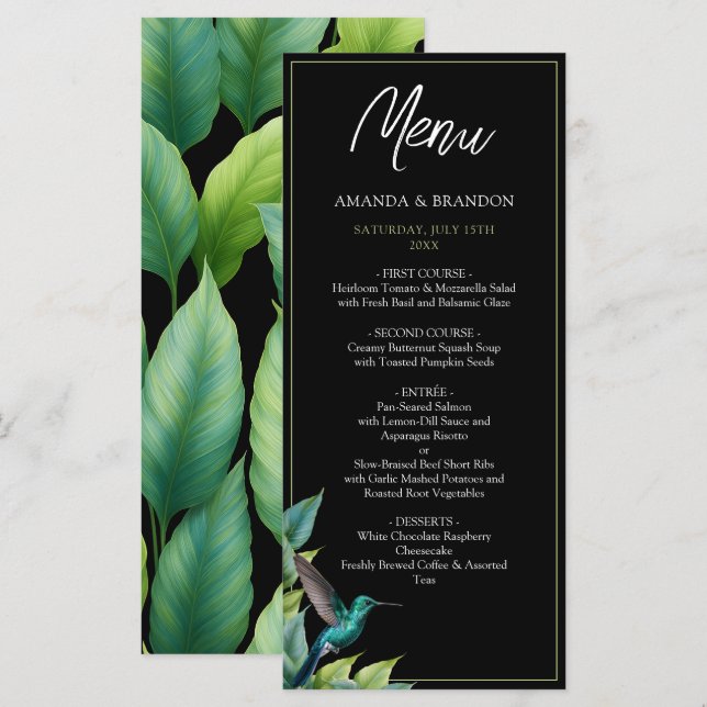 Emerald Hummingbird Tropical Leaves Wedding Menu (Front/Back)
