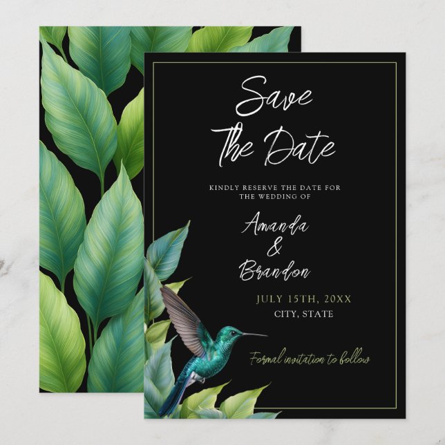 Emerald Hummingbird Tropical Leaves Wedding Save The Date (Front/Back)