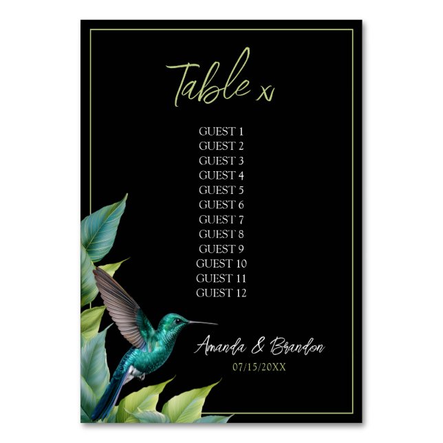 Emerald Hummingbird Tropical Leaves Wedding Table Number (Front)