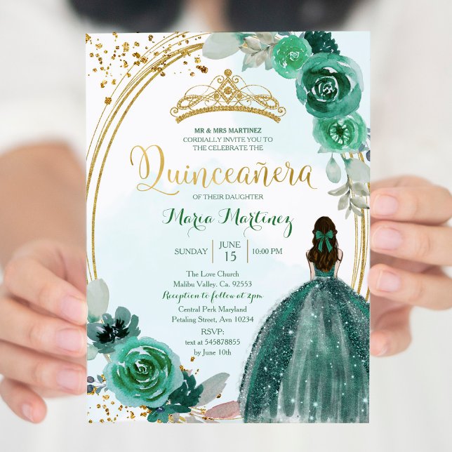 Emerald & Hunter Green Roses 1 Mis Quince Invitation (Creator Uploaded)