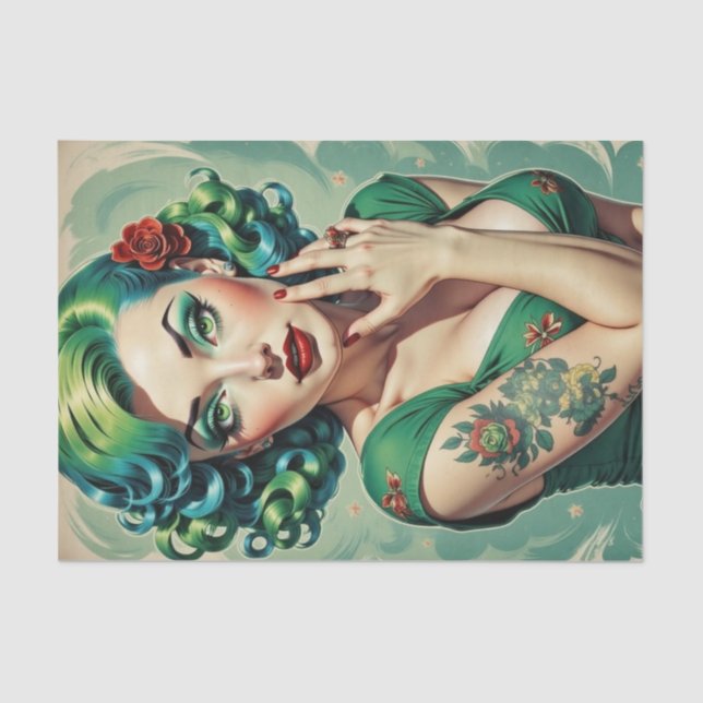 Emerald Ink Pin-Up Girl with Tattoos Decoupage Tissue Paper (Front)