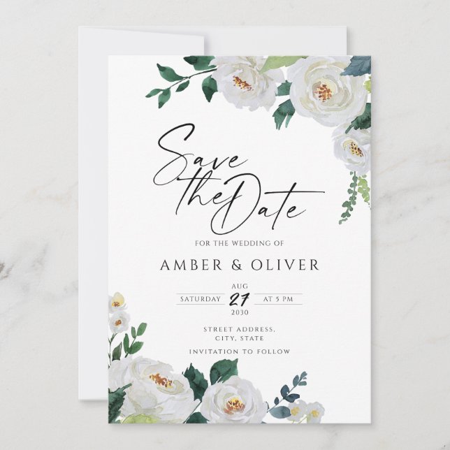 Emerald Ivory White Elegant Floral Save The Date  Invitation (Front)