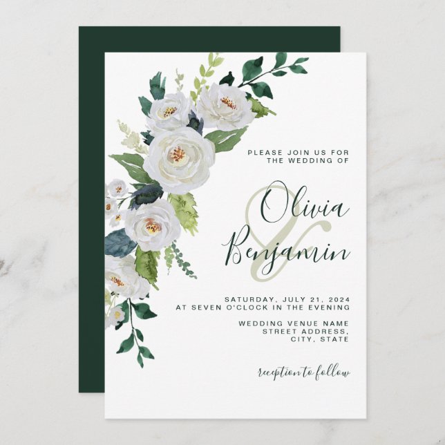 Emerald Ivory White Floral Elegant Wedding Invitation (Front/Back)