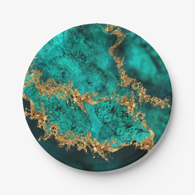 Emerald Jade Gold Splatter Abstract Paper Plate (Front)