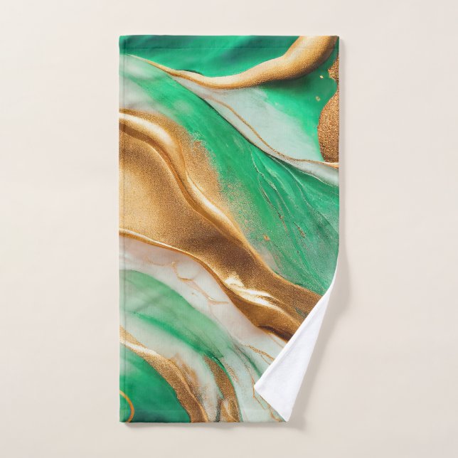 Emerald Jade Green and Gold Abstract Art Bath Towel Set (Hand Towel)