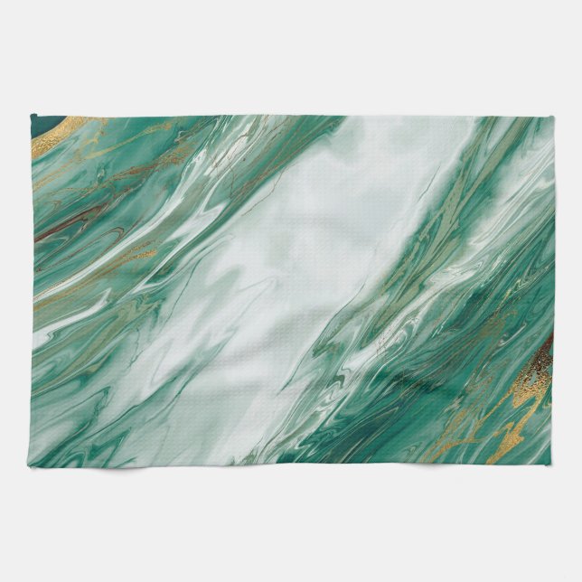 Emerald Jade Green Gold Accented Painted Marble Kitchen Towel (Horizontal)